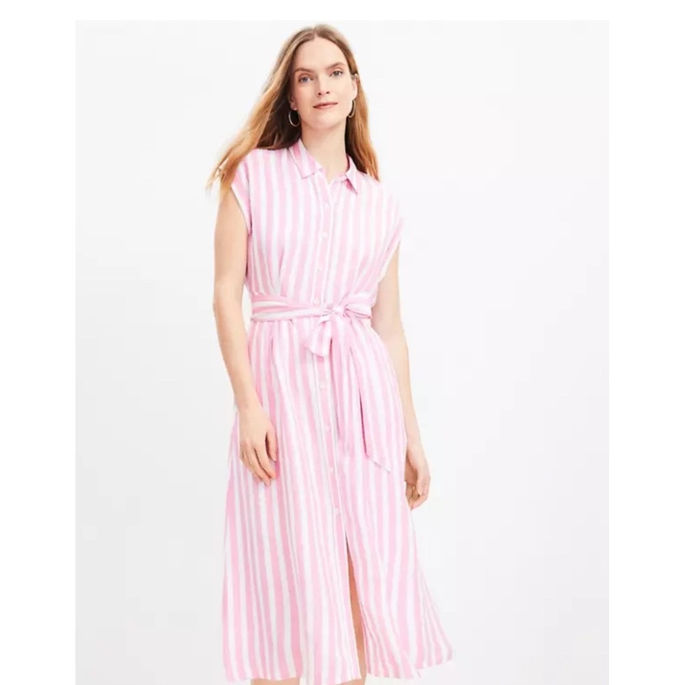 LOFT Poppy Stripe Midi Shirt Dress Women 18 Pink White Linen Blend Belted Pocket